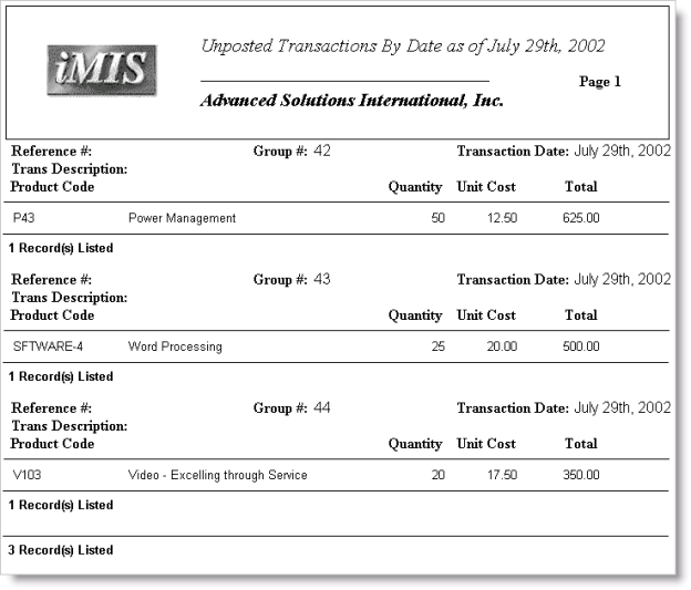 Desktop: Orders > Generate reports > Product Transactions > Unposted Transactions by Date, click Run, select the date range, and click OK