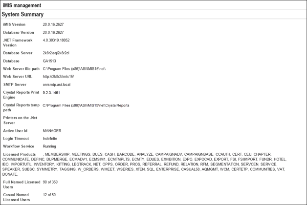 Example of iMIS system information