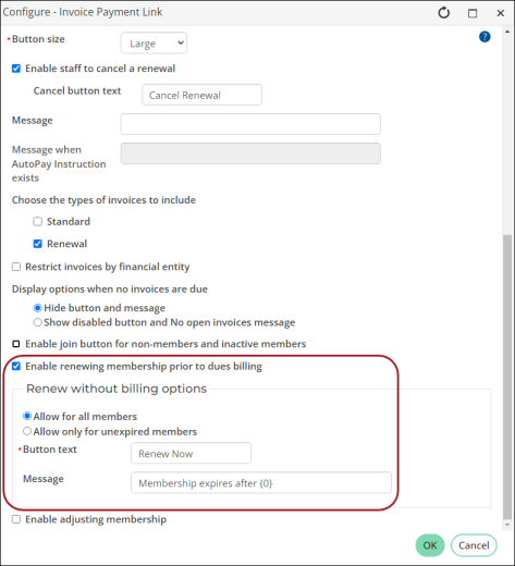 Invoice payment link content item with box around enable renewing membership prior to dues billing option