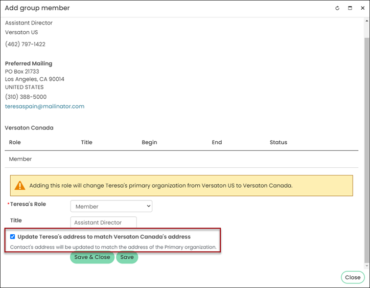 Add group member window with emphasis on the "Update address to match organization address" checkbox