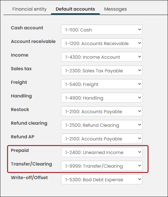 The default accounts, with a callout around the Prepaid and Transfer/Clearing accounts.