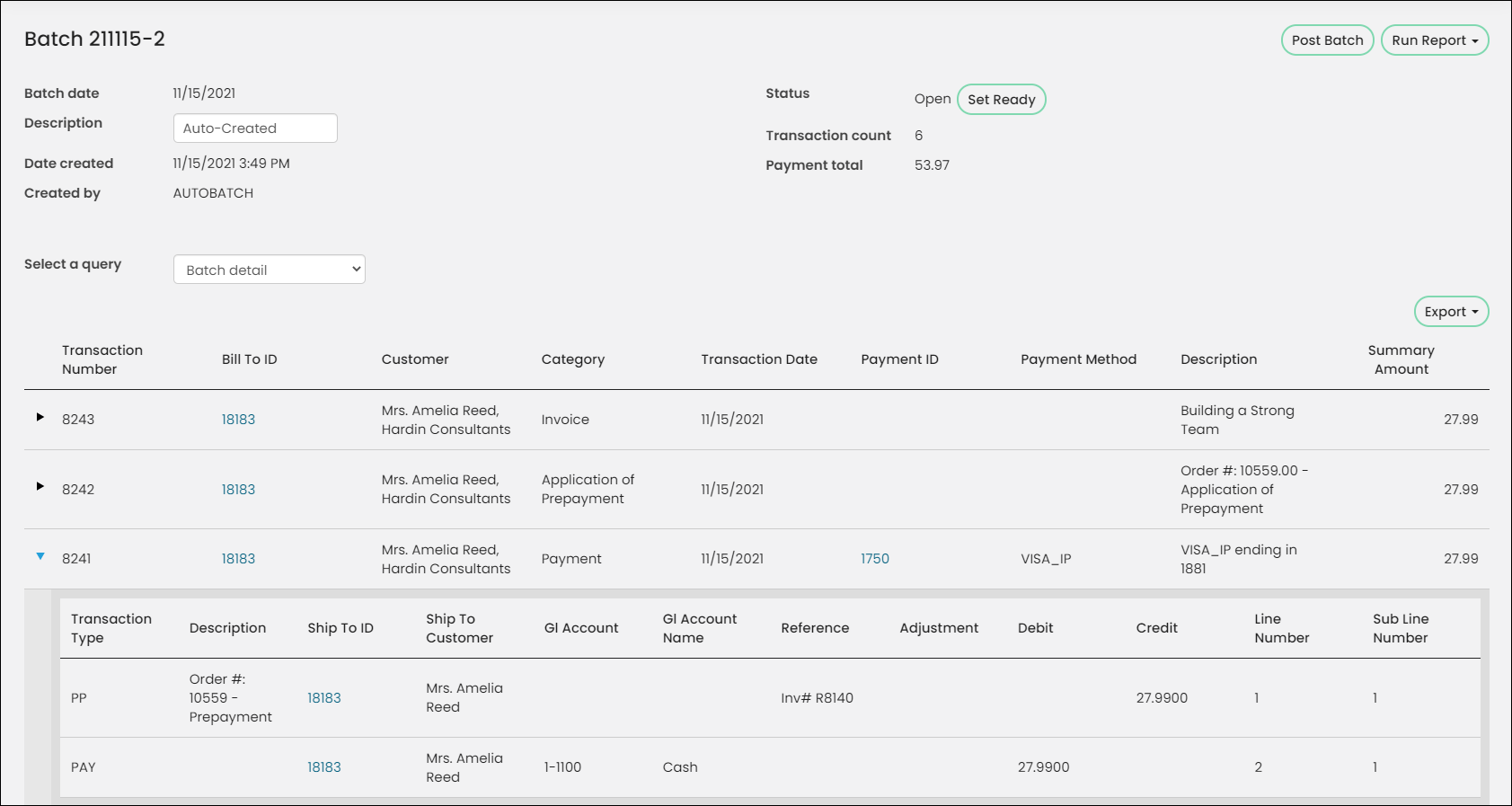 An example of a non-inventory transaction with a prepayment applied