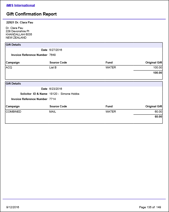 Viewing the Gift Confirmation report example