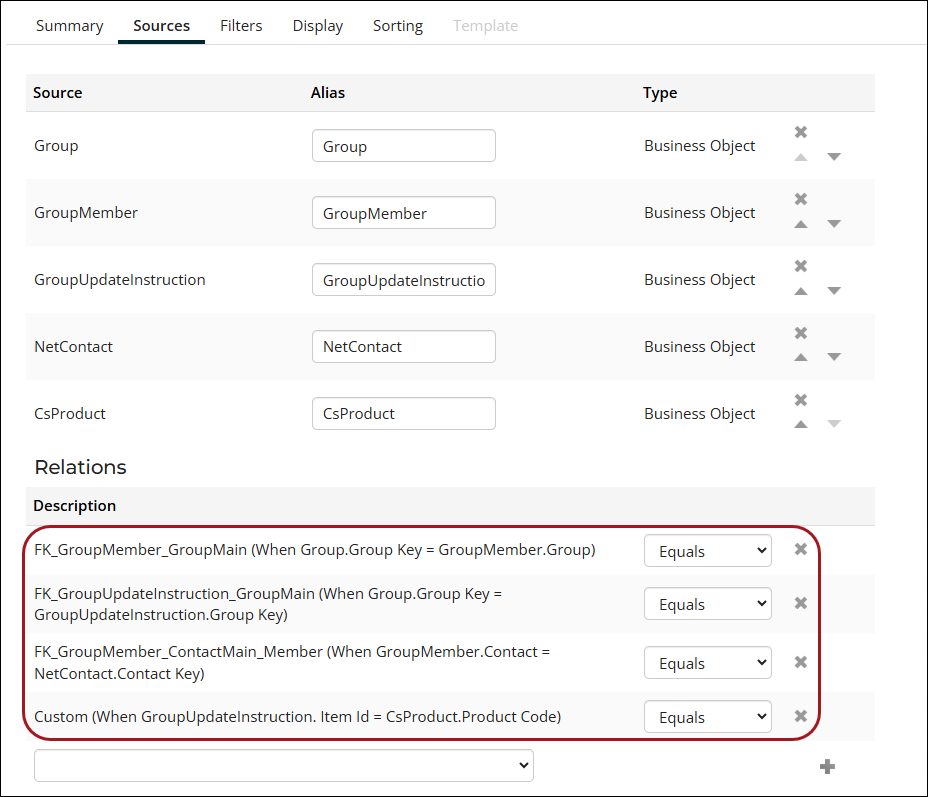 Screenshot of the iMIS IQA query builder, which shows the default joins and the custom join between business objects.