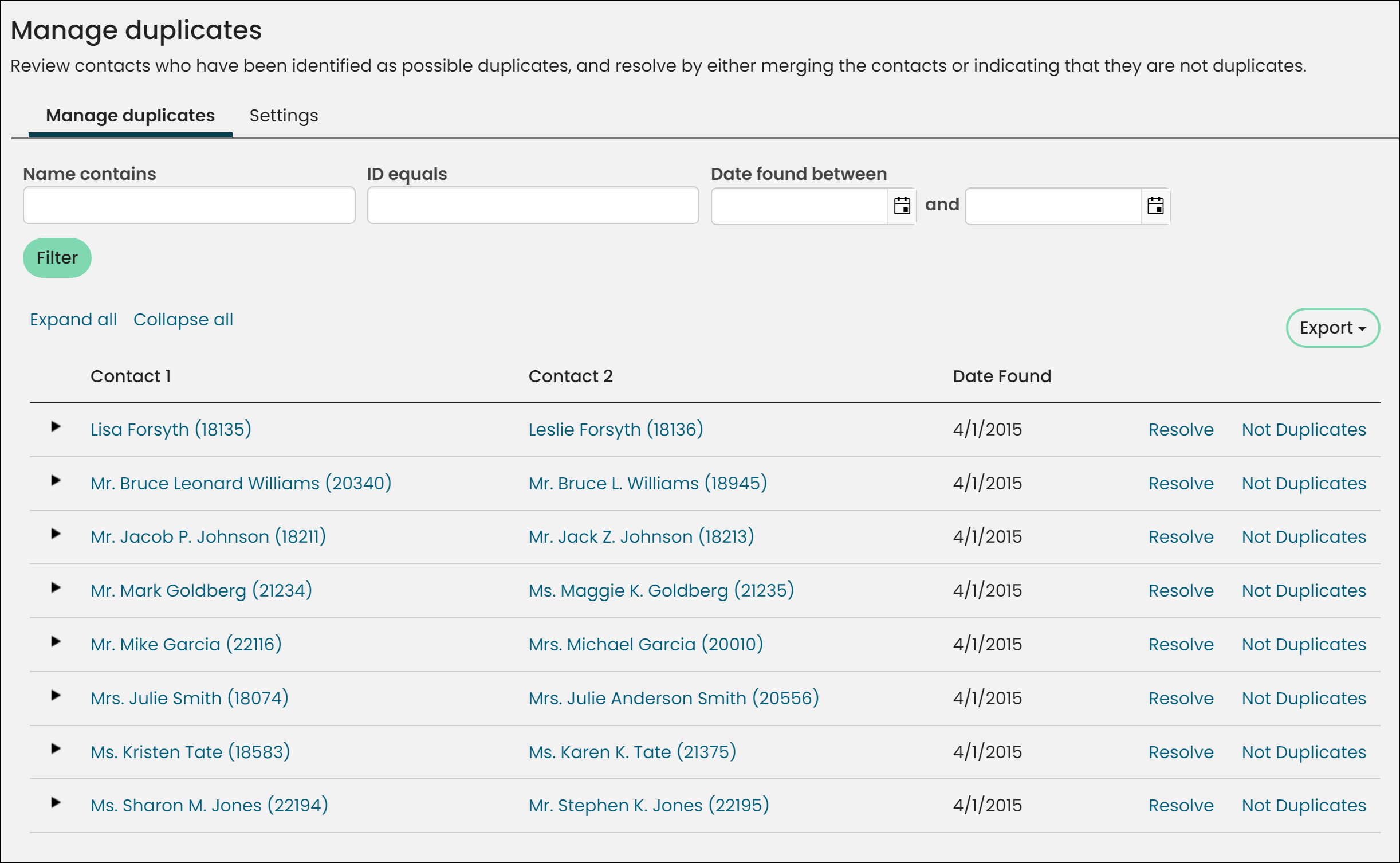 Managing potential duplicates window