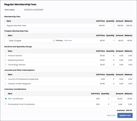 Example itemized renewal page