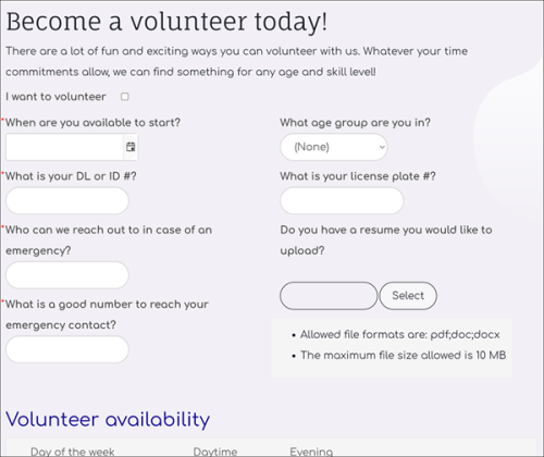 Volunteer sign up page