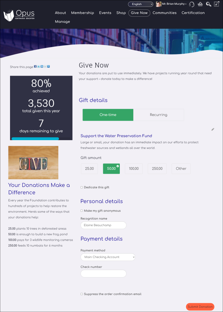 Sample "Give Now" page