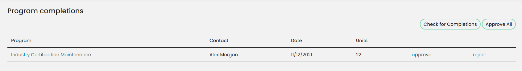 Viewing the Program completions window, which displays a single row with the Industry Certification Maintenance program, the contact nameAlex Morgan,  a date of 11/12/2021, 22 units, and buttons to approve or reject the program completion.