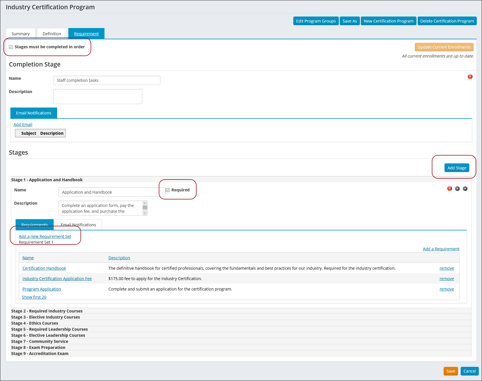 Viewing the Requirements tab of a certification program, where the Stages must be completed in order option is enabled, one stage is marked as Required, and the stage has one requirement set.