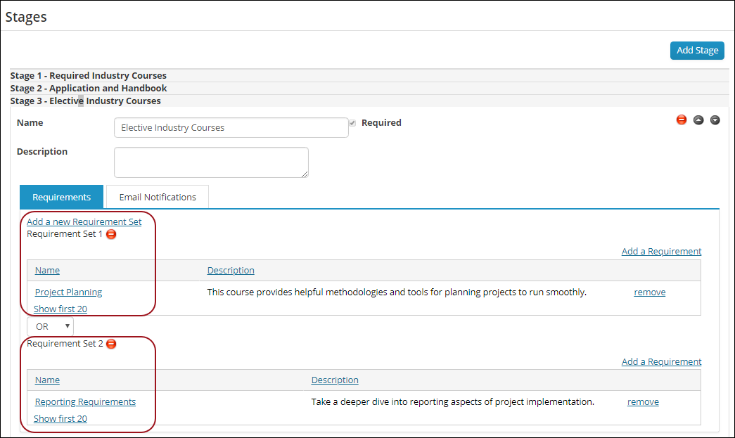 Viewing the Requirements tab of a certification program that has three stages. Hiighlighting that the third stage has two requirement sets.