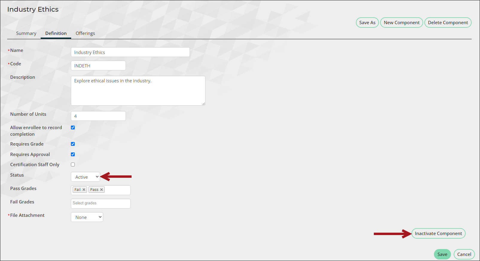 Viewing the Definition tab of a certification component, which includes a Status option and an Inactivate Component button. 