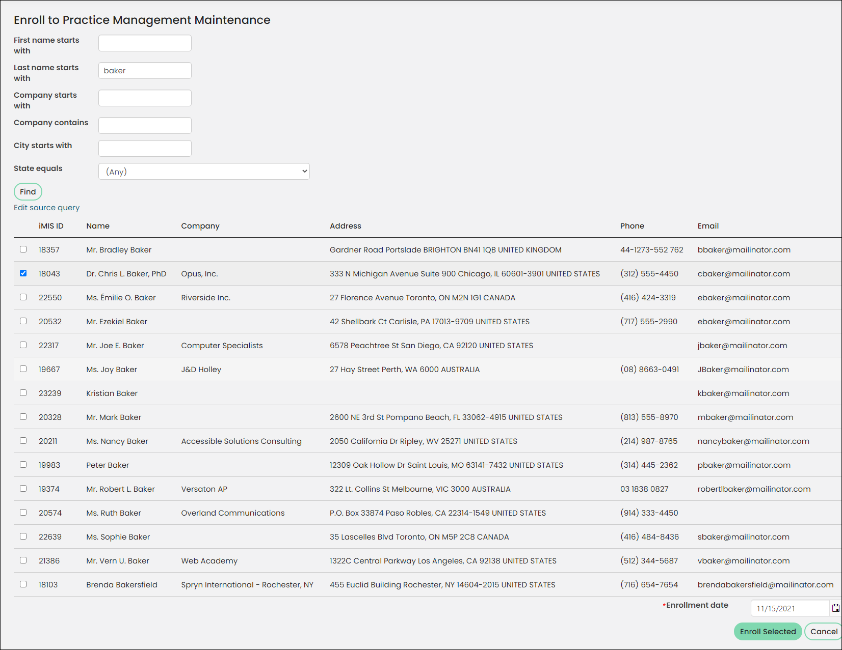 The Enroll window for a certification  program displays search filters for first name, last name, company, city, and state, with a list of contacts below. Each contact is displayed with their iMIS ID, name, company, address, phone, and email. An enrollment date field is visible at the bottom alongside buttons to enroll selected contacts or cancel the action.