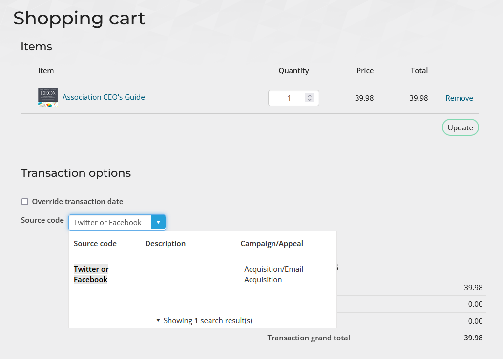 The cart with the Source code field populated