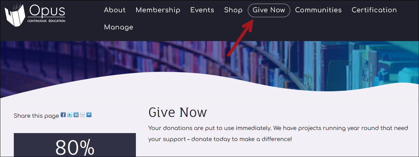 An arrow pointing to the Give Now website navigation