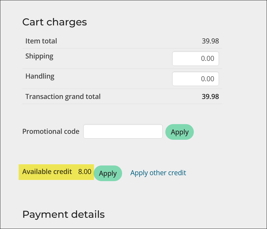 Available credit in the cart.