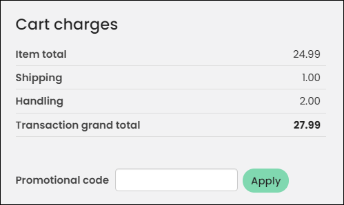 The cart charges area highlighting the Promotional code field