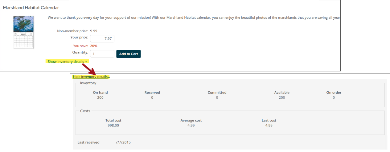 Click show inventory details on the product page