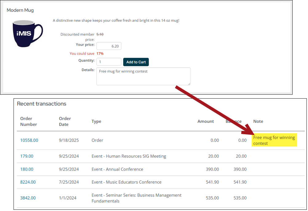 An example of details added to an order