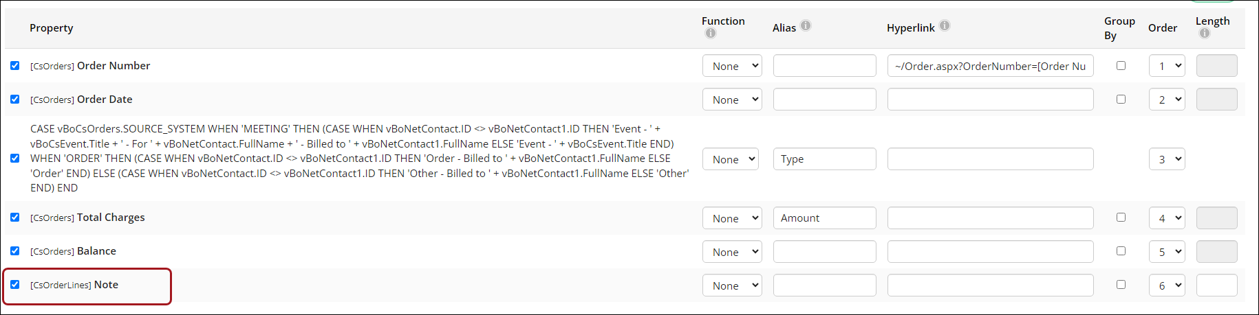 Select the CsOrderLines Note property