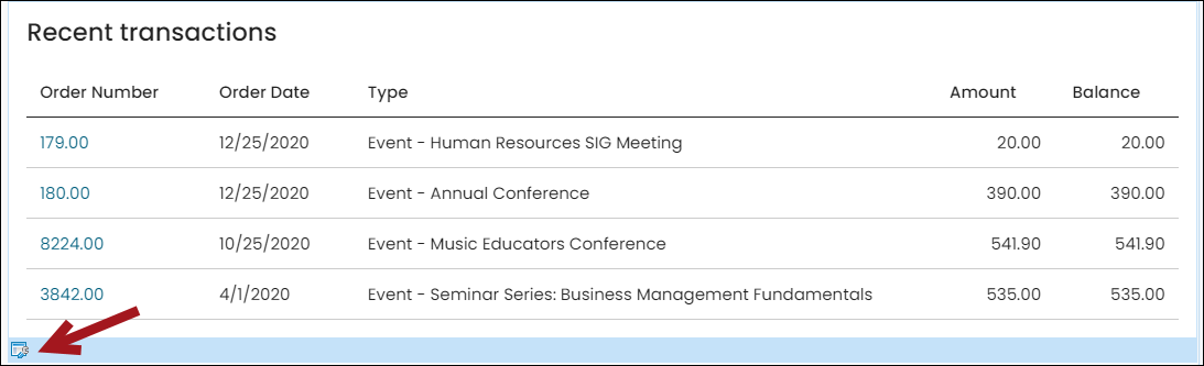 An arrow pointing to the edit icon for the Recent transaction panel