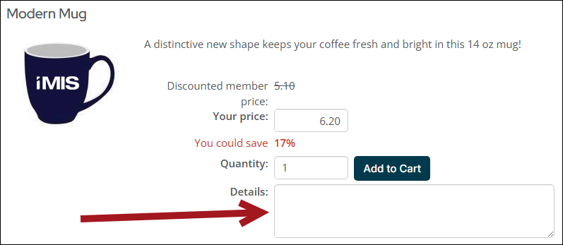 An arrow pointing to the Details field on the product purchase page