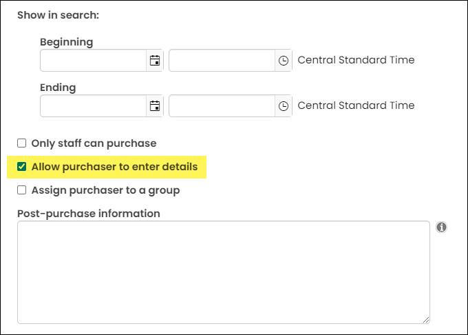 A highlight showing the Allow purchaser to enter details field on the product details page