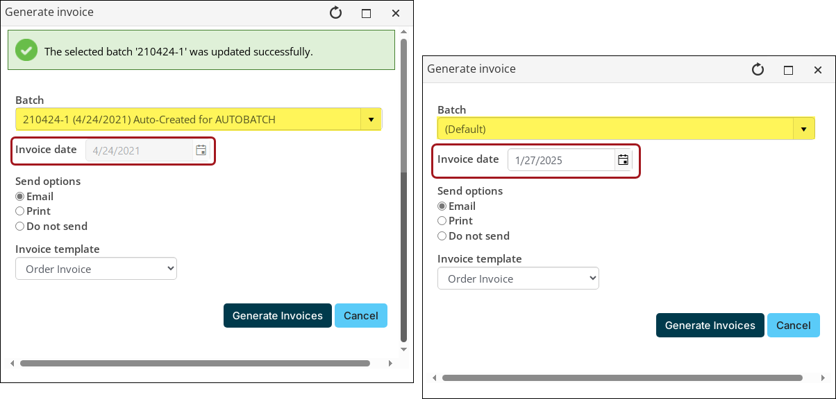 A batch selected with Invoice date disabled, and a (Default) batch with the ability to select the Invoice date.