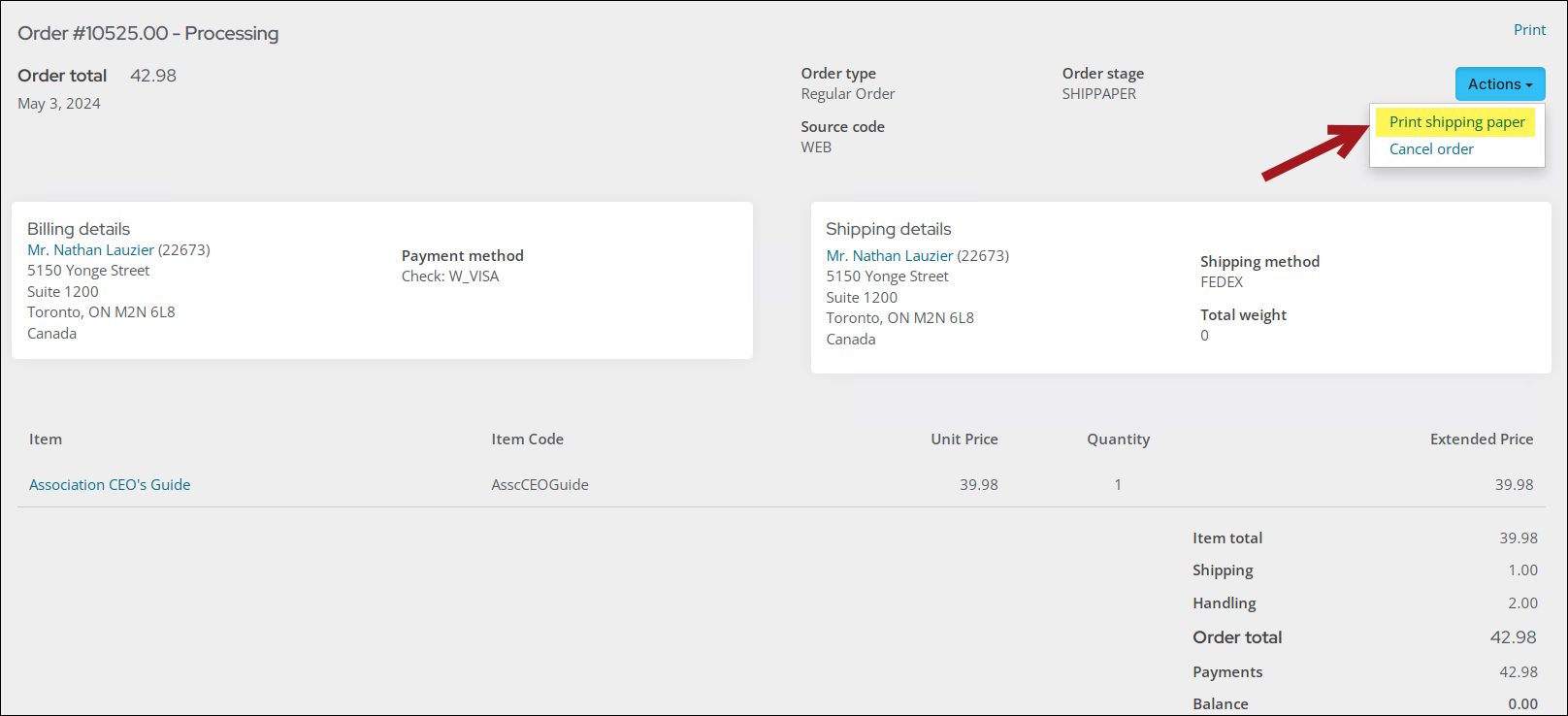 Print shipping paper from the Actions drop-down.