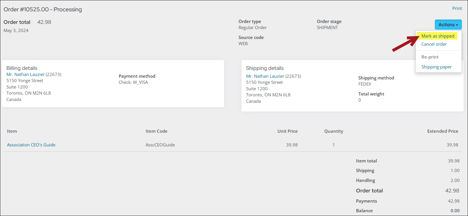 Mark as shipped and Re-print shipping paper options from the Actions drop-down