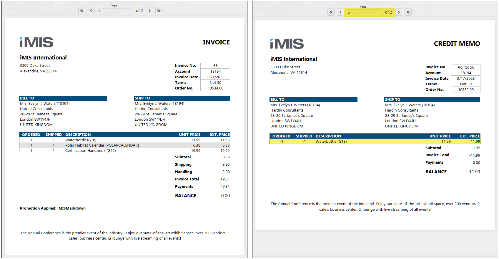 Example of the original invoice and the new credit memo invoice