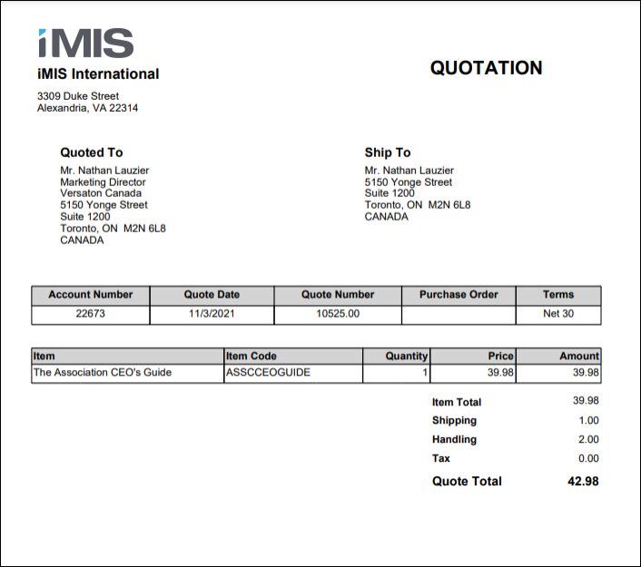 An example of a Quotation order.