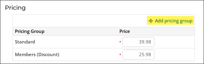 Highlight showing Add pricing group