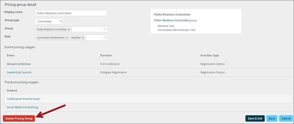 An arrow pointing to the Delete Pricing Group button