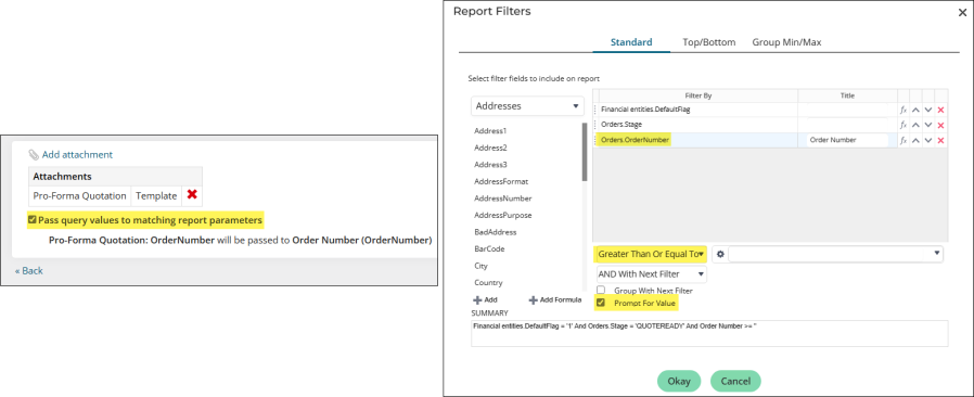 Pass query values to matching report parameters in a communication template matching the report filters.