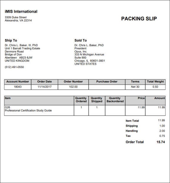 An example of a Packing slip