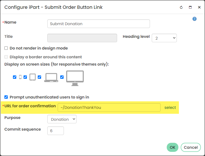 A highlight showing the content record defined in the URL for order confirmation field on the Configuration page for the Submit Order Button Link content item.