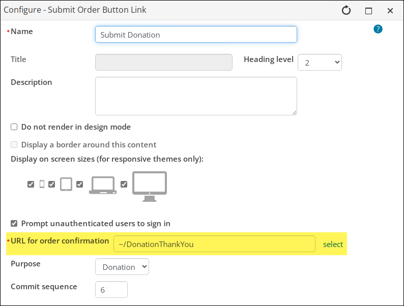 A highlight showing the content record defined in the URL for order confirmation field on the Configuration page for the Submit Order Button Link content item.