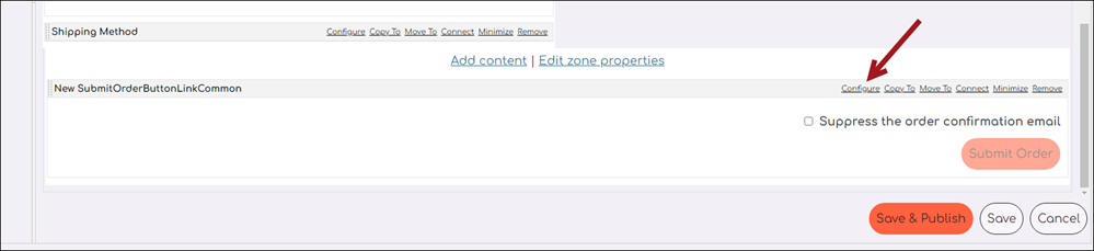 An arrow pointing to the configure link on the submit order button link.