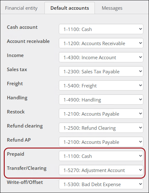 The default accounts, with a callout around the Prepaid and Transfer/Clearing accounts.