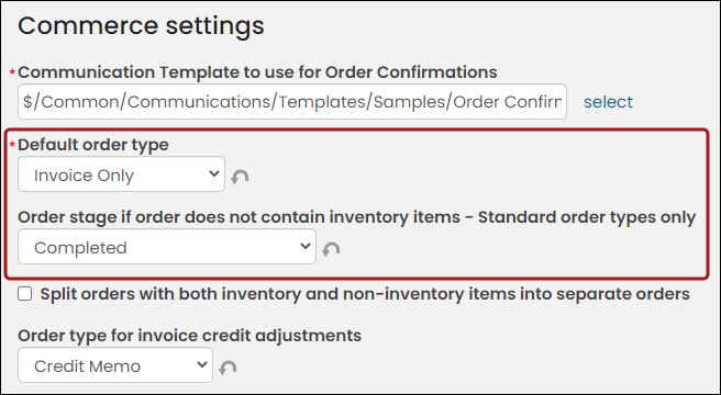 Commerce settings with a callout around Default order type and Order stage if order does not contain inventory items 