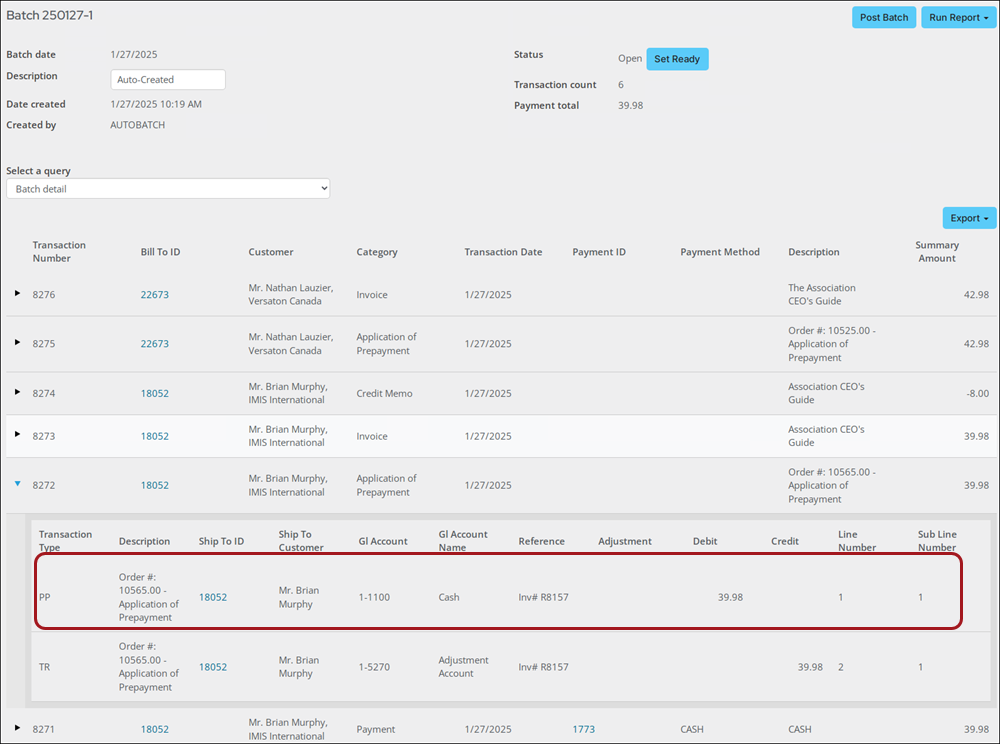 An example of a non-inventory transaction with a prepayment applied