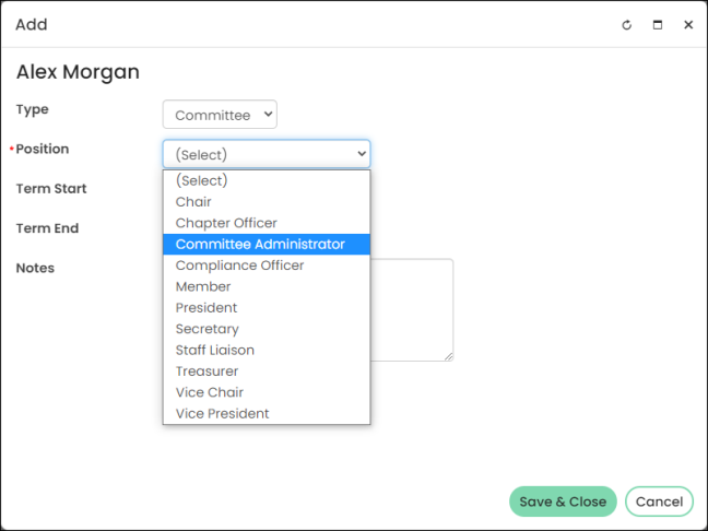 Select the committee administrator option from the position drop-down.