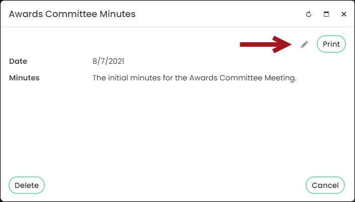 Click an existing Minutes entry. Click the edit icon to edit the minutes.