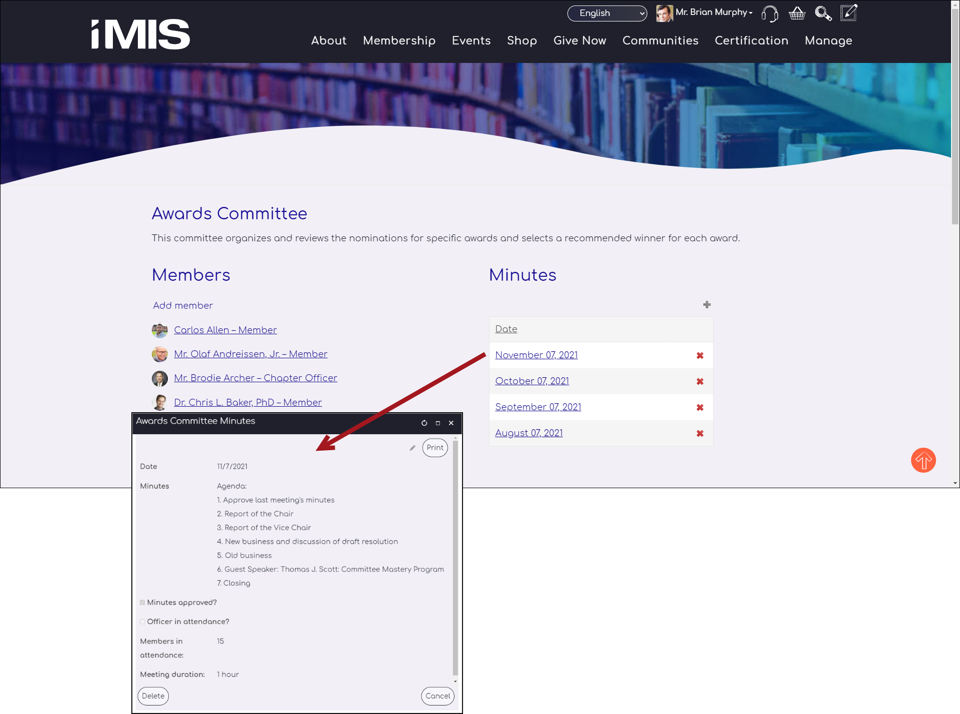 From the panel, the member can select the desired meeting date, then review or Print the minutes.