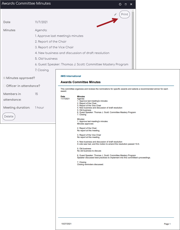 Each meeting's minutes can be printed as a report.