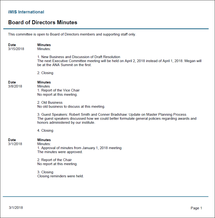 Viewing the Committee Minutes report example