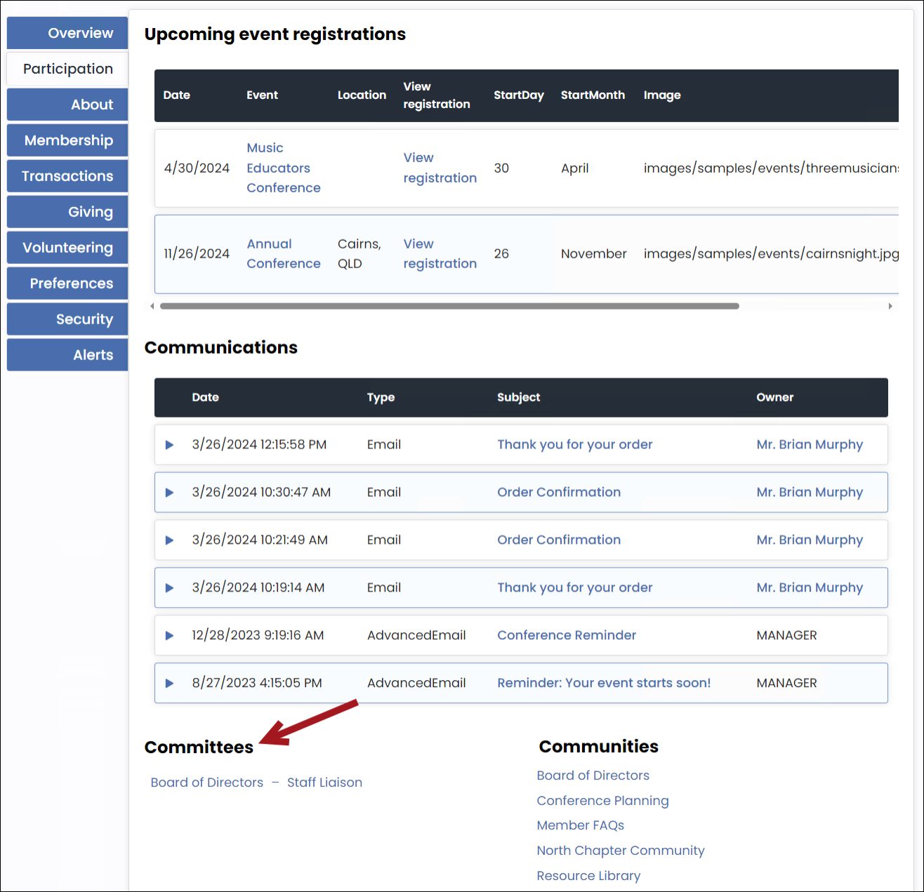 Viewing committees on a member's account page