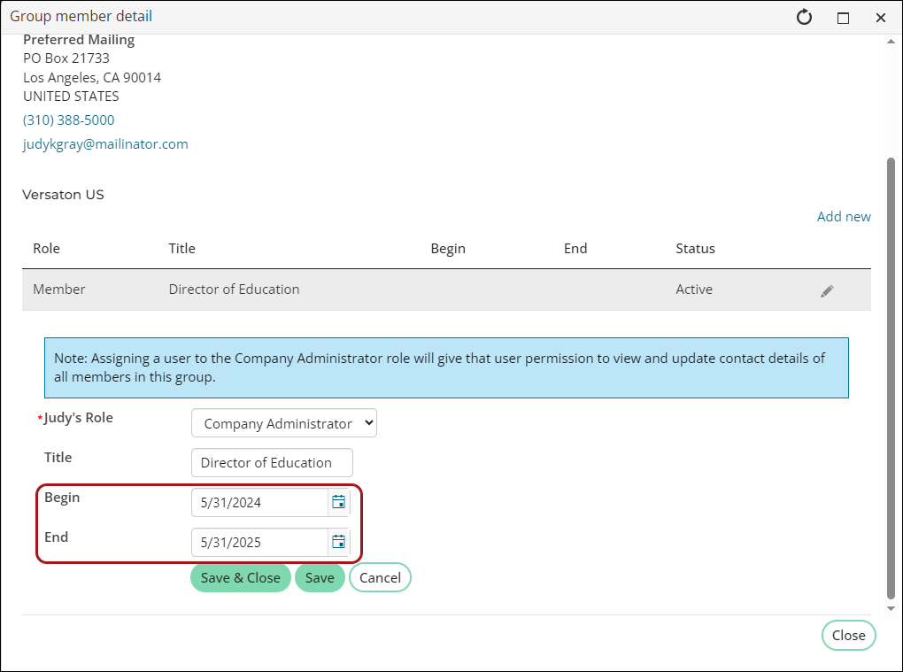 Defining beggining and end dates for the company administrator role.