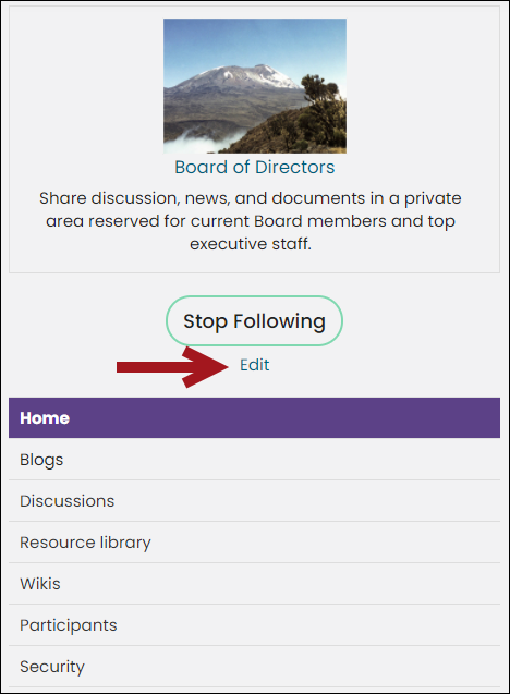 Edit link on community home page.